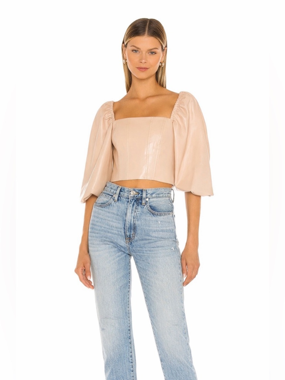 Alice + Olivia Bronte Vegan Leather Puff Sleeve Blouse Beige Crop Top Size 8